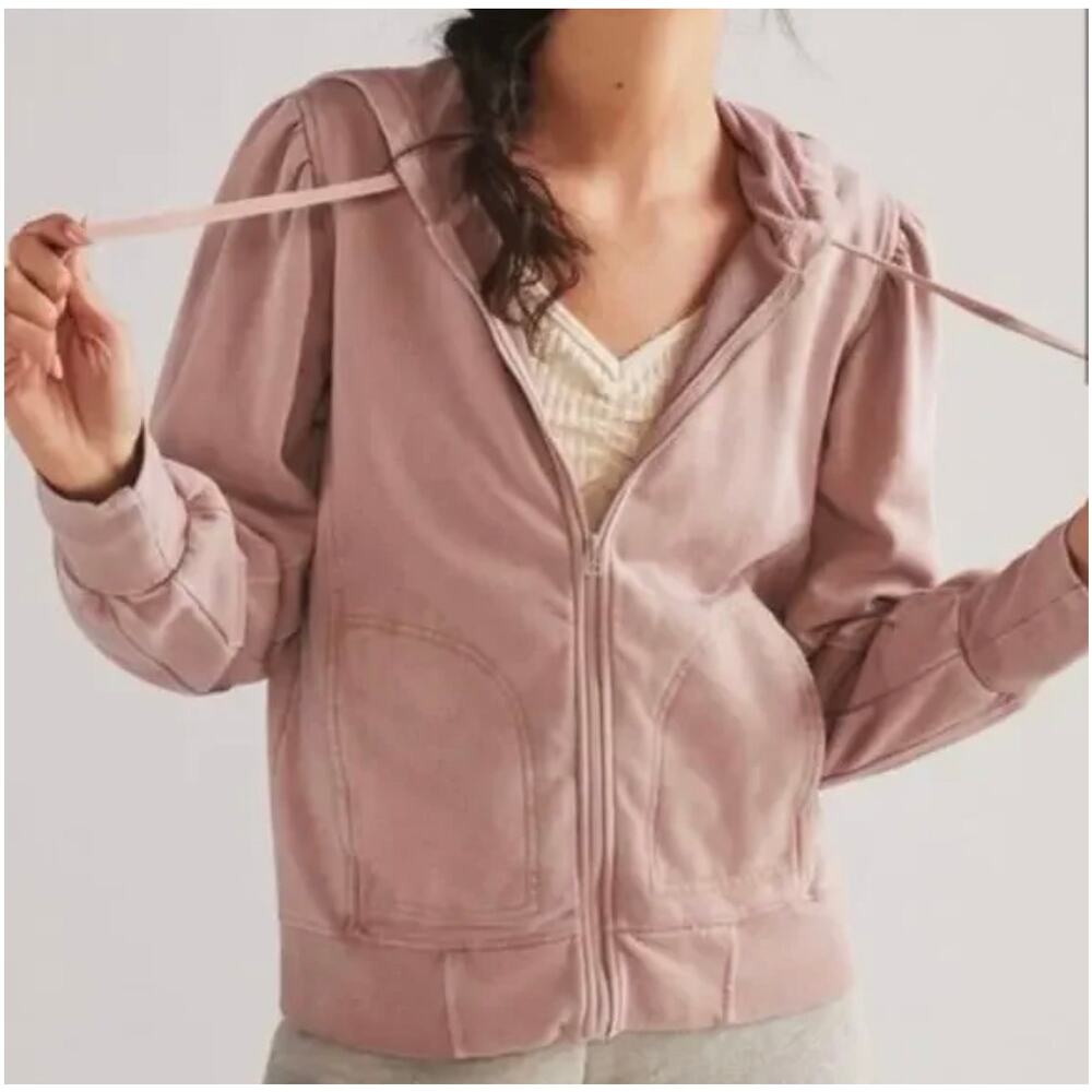 Anthropologie Daily Practice Pink Abstract Hoodie Zip Sweatshirt Mauve Size XS